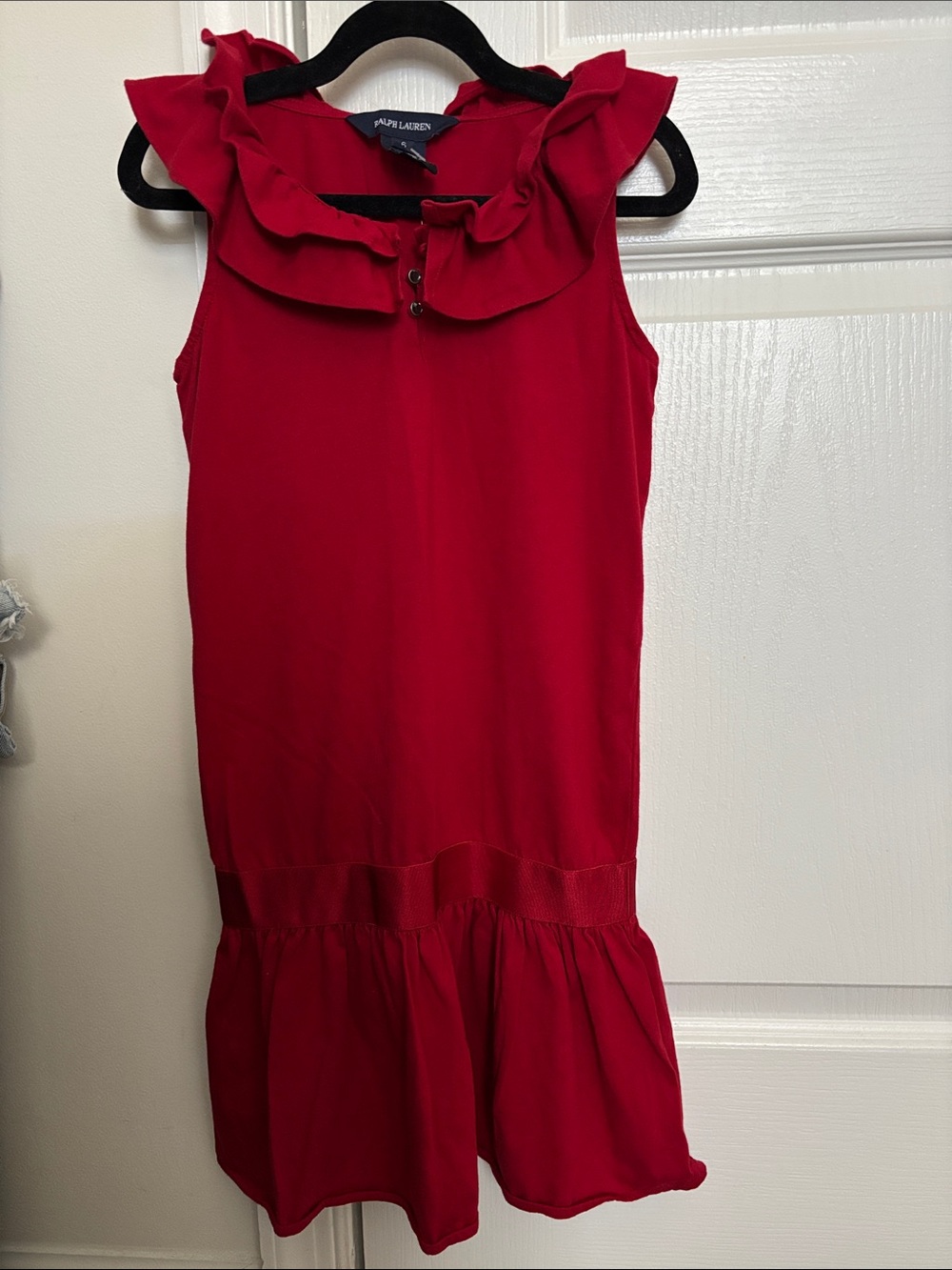 Ralph Lauren Red Ruffle-Neck Drop-Waist Dress